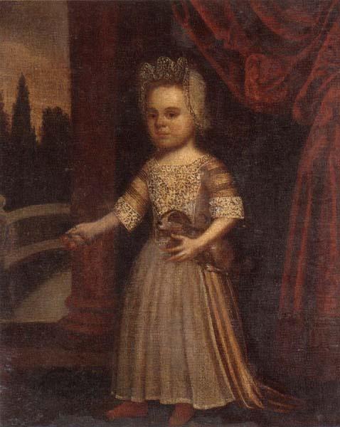 Portrait of a young girl,full length,holding a toy dog and a bunch of cherries,set beside a partly-draped red curtain, unknow artist